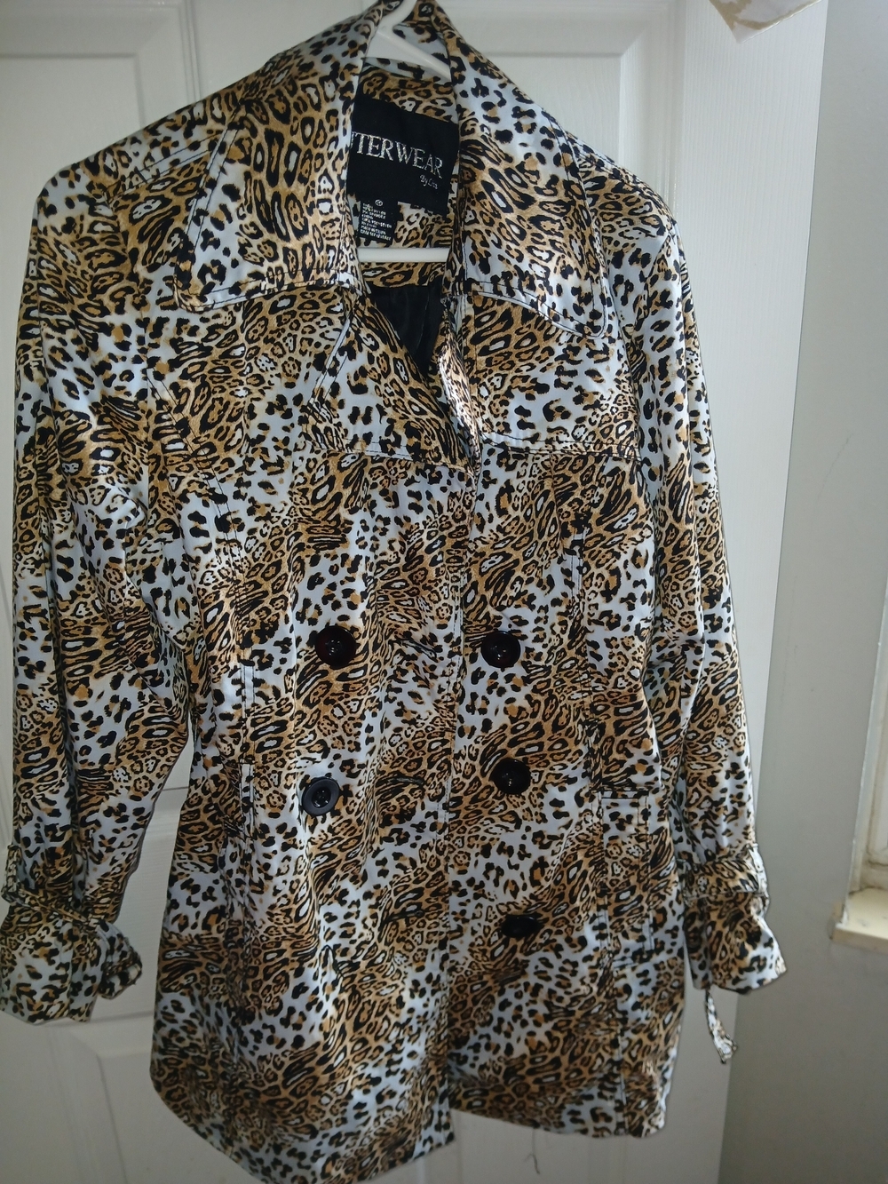 Outerwear by Lisa Leopard Print Double-Breasted Jacket in White and Brown